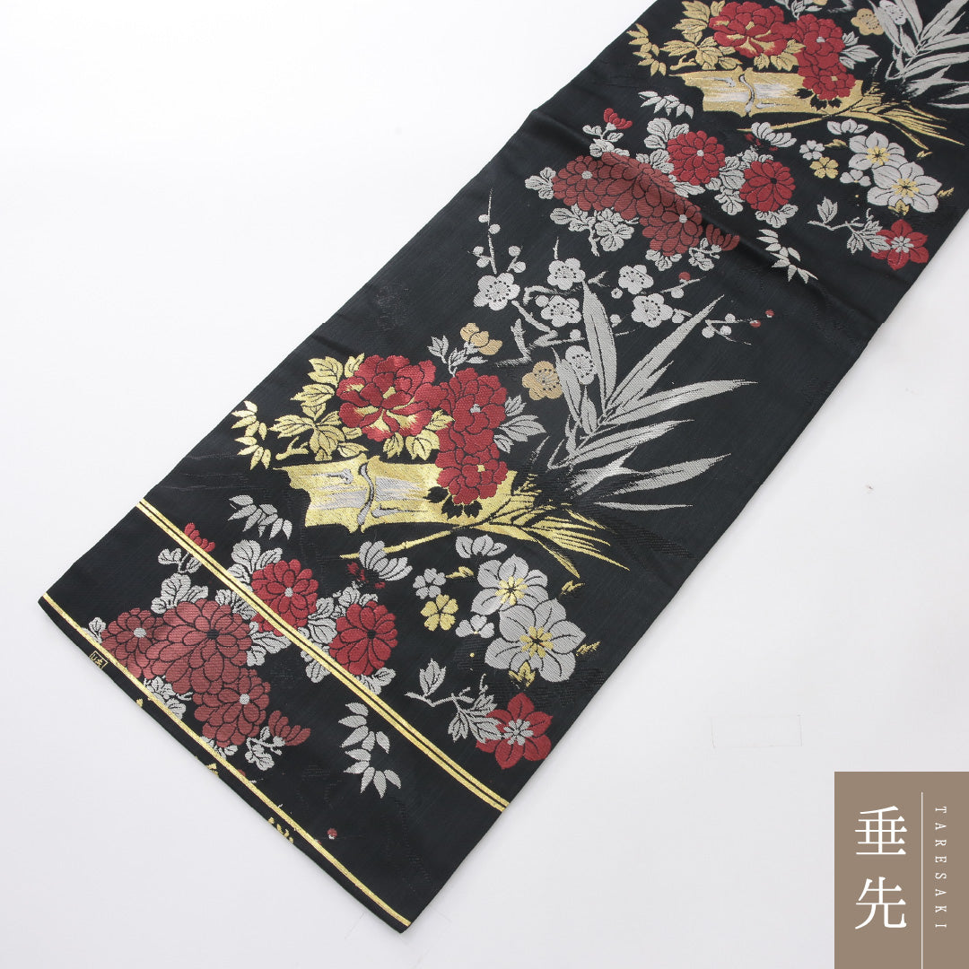 アンティーク 九寸名古屋帯 帯丈342cm 名古屋仕立て 六通 Aランク 正絹 大島織 牡丹 菊 黒系 1224-03970