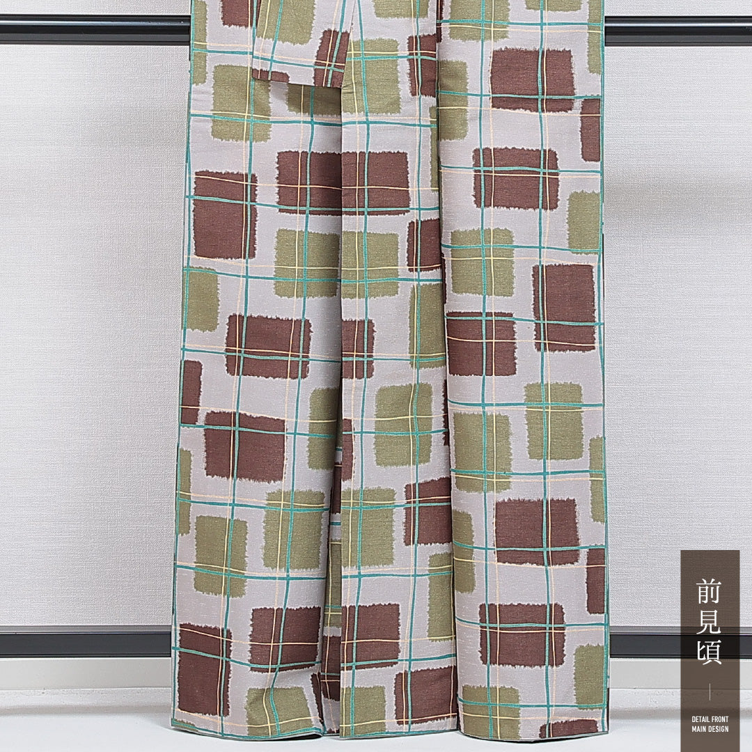 紬 袷 身丈162cm 裄丈66cm 正絹 Cランク カジュアル 広衿 Lサイズ 格子 緑系 LP 1223-16284