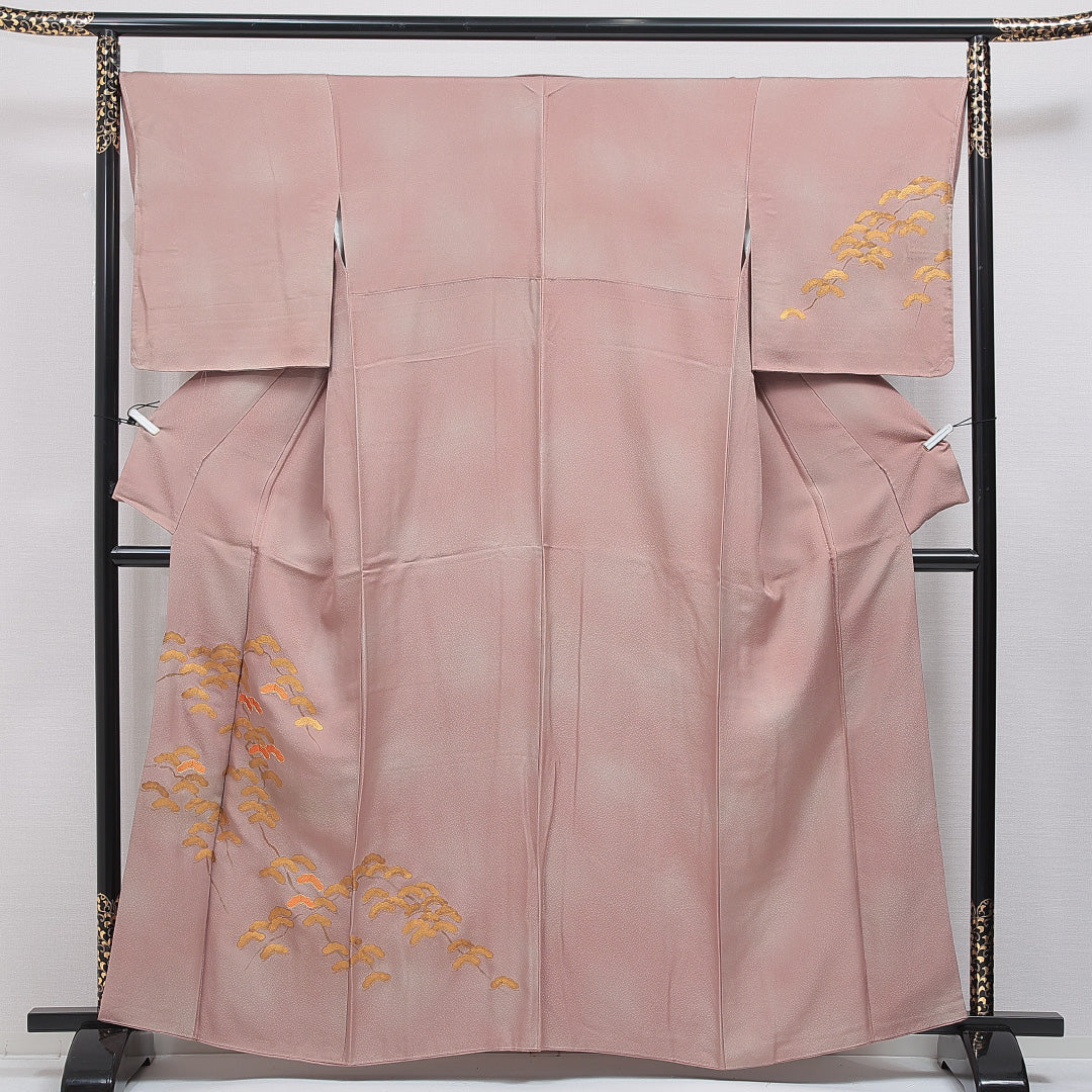 訪問着 袷 身丈160cm 裄丈66cm 正絹 Sランク Lサイズ 広衿 セミフォーマル 笠松 ぼかし染 刺繍 金駒刺繍 ピンク系 茶系 1212-16868
