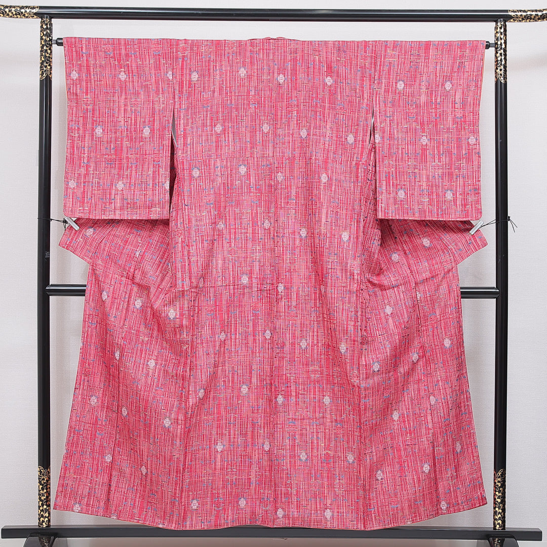 紬 袷 身丈153cm 裄丈64cm 正絹 Sランク Sサイズ 広衿 カジュアル 創作柄 ピンク系 1216-16663