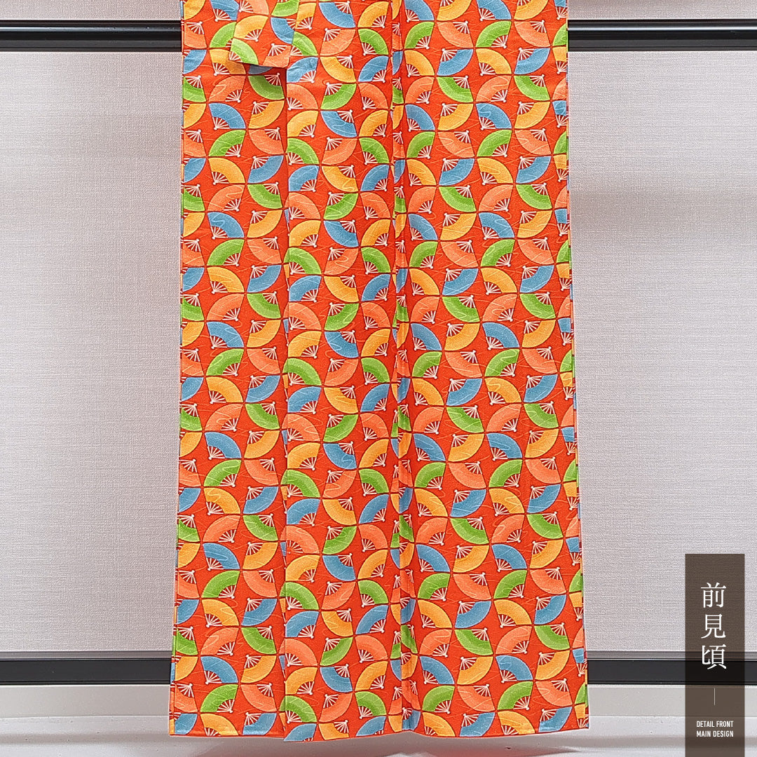 洗える着物 小紋 袷 身丈159cm 裄丈64cm ポリエステル Sランク インフォーマル バチ衿 Mサイズ 扇 朱系 RP 1221-16343