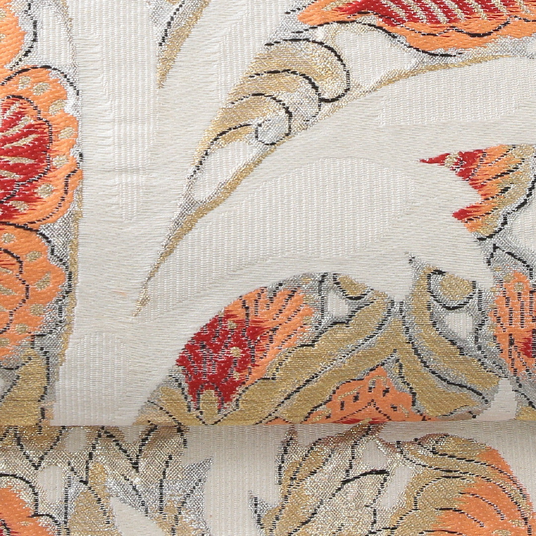 袋帯 帯丈410cm セミフォーマル 六通 未仕立て Cランク 正絹 唐華 クリーム系 1223-02228