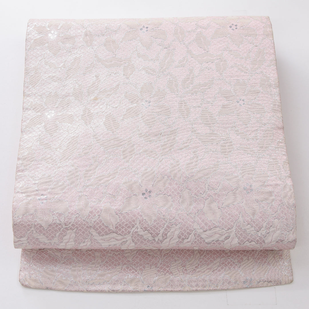 九寸名古屋帯 帯丈343cm インフォーマル 名古屋仕立て 全通 Cランク 正絹 花柄 ピンク系 1224-03992