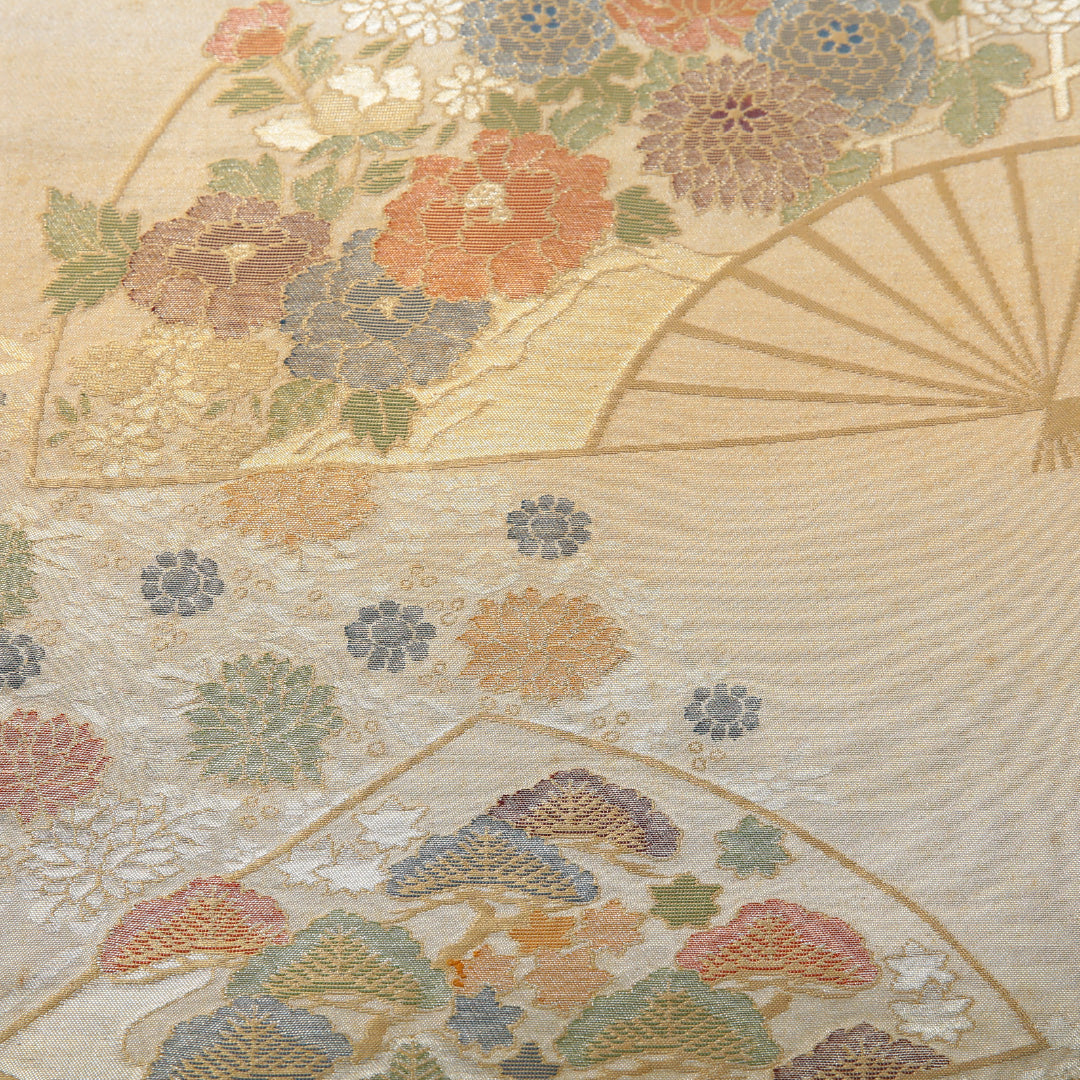 袋帯 帯丈418cm 正絹 六通 帯芯なし フォーマル 綴れ織 扇面文 金系 1243-02031