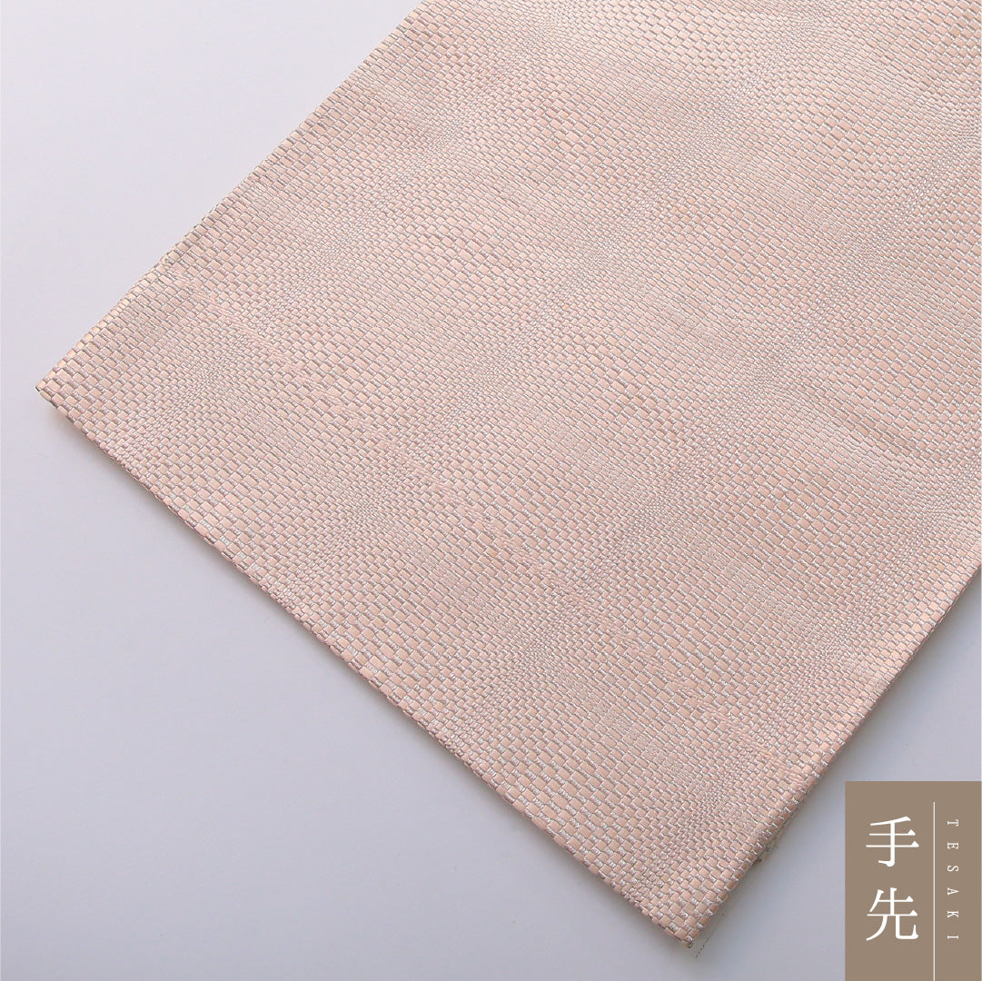 九寸名古屋帯 帯丈374cm カジュアル 開き仕立て 全通 リバーシブル Cランク 正絹 幾何学柄 クリーム系 1224-03402