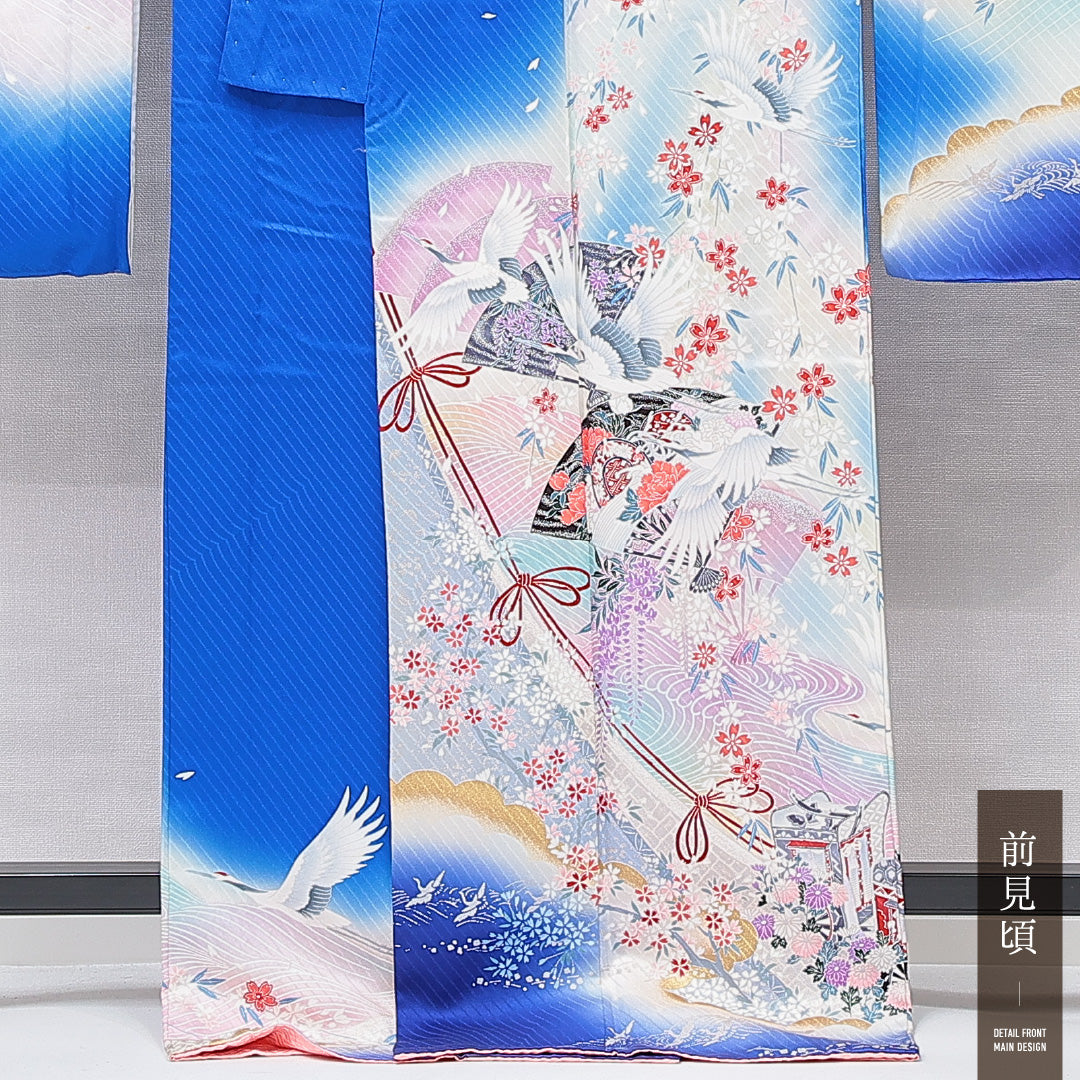 振袖 袷 身丈168cm 裄丈65cm フォーマル Cランク XLサイズ 正絹 広衿 鶴 扇 桜 1213-F0665