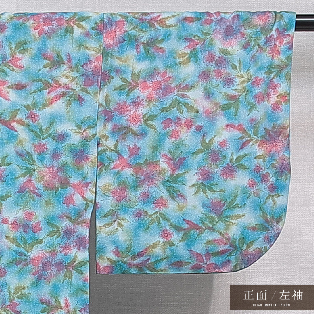 小紋 袷 身丈141cm 裄丈56cm 正絹 Sランク インフォーマル バチ衿 XSサイズ 花柄 水色系 RP 1221-15476