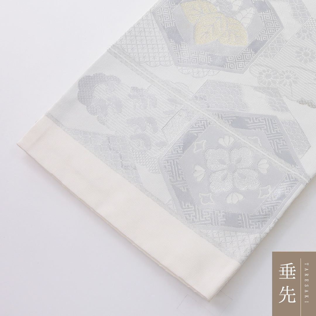 袋帯 帯丈438cm フォーマル 六通 未仕立て 帯芯なし Aランク 正絹 亀甲 クリーム系 銀系 1223-02231
