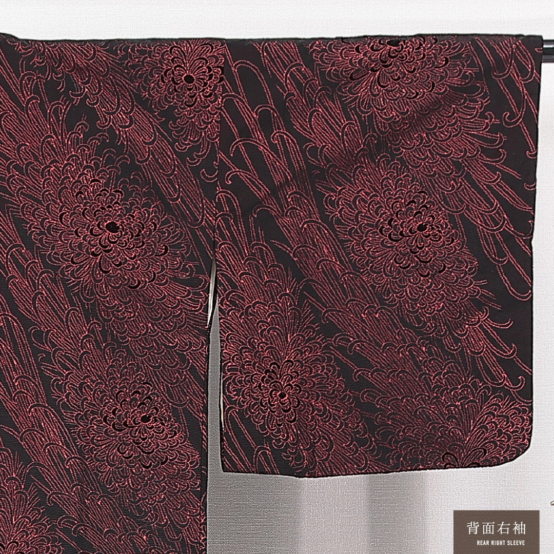 道行コート 袷 身丈103cm 裄丈31cm 正絹 Aランク Sサイズ フォーマル ポケットあり 植物柄 黒系 赤系 1263-15128