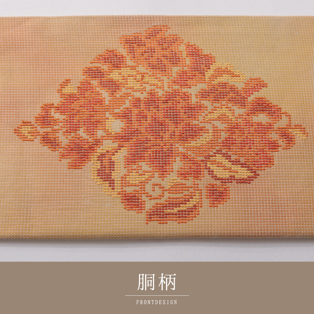 九寸名古屋帯 帯丈359cm カジュアル 名古屋仕立て ポイント柄 Dランク 正絹 鳥 ベージュ系 黄系 1224-03579