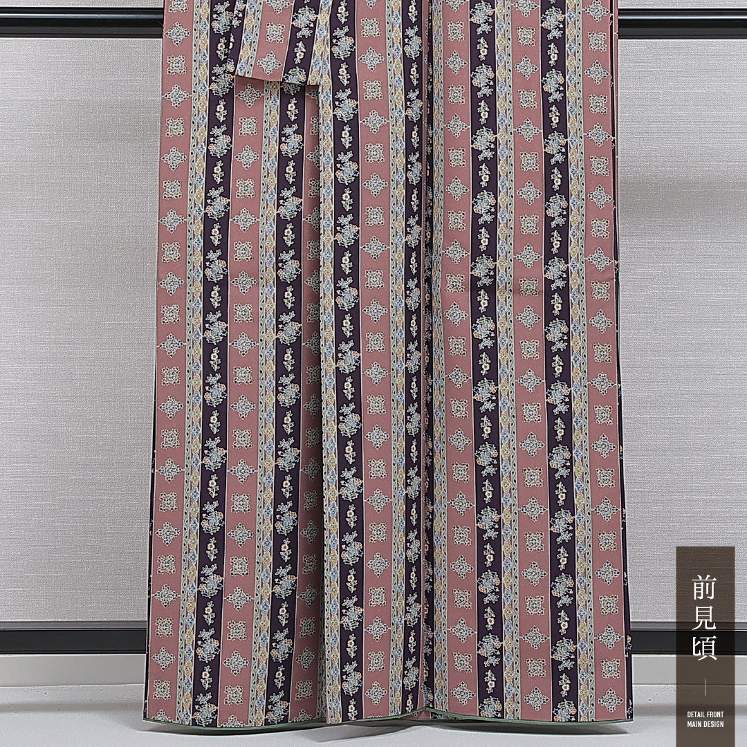 洗える着物 小紋 袷 身丈162cm 裄丈66cm ポリエステル Sランク インフォーマル 広衿 Lサイズ 花菱 ピンク系 RP 1221-16403