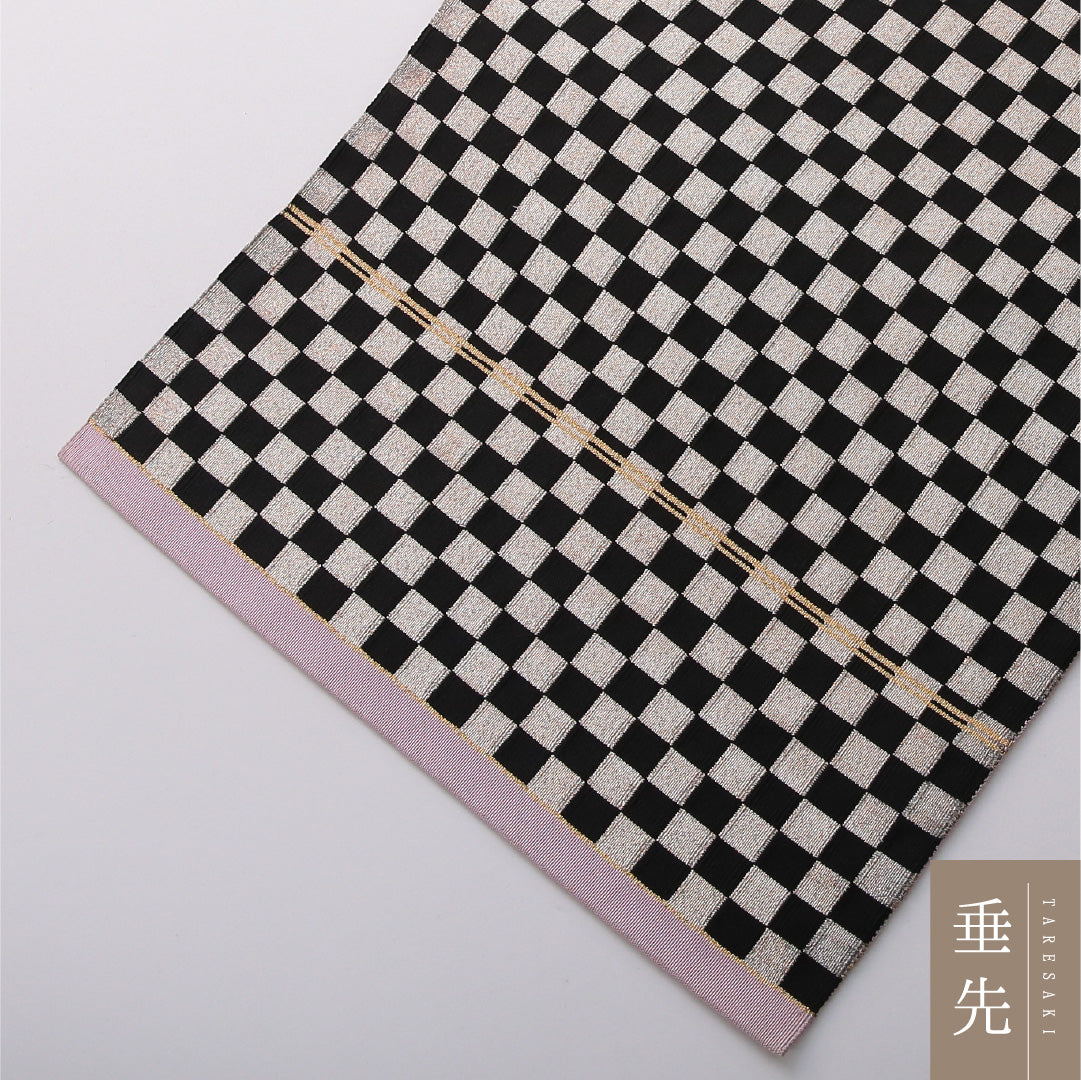 八寸名古屋帯 帯丈355cm カジュアル 松葉仕立て 六通 帯芯なし Cランク 正絹 市松 クリーム系 銀系 1224-03511