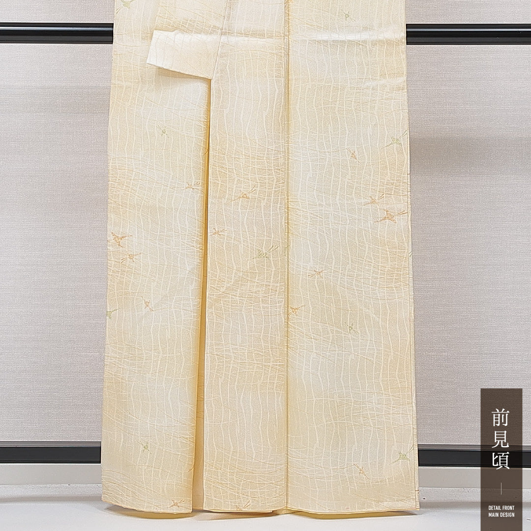 洗える着物 小紋 袷 身丈160cm 裄丈63cm ポリエステル Sランク インフォーマル 広衿 Lサイズ 芝草 創作柄 クリーム系 RP 1221-15854