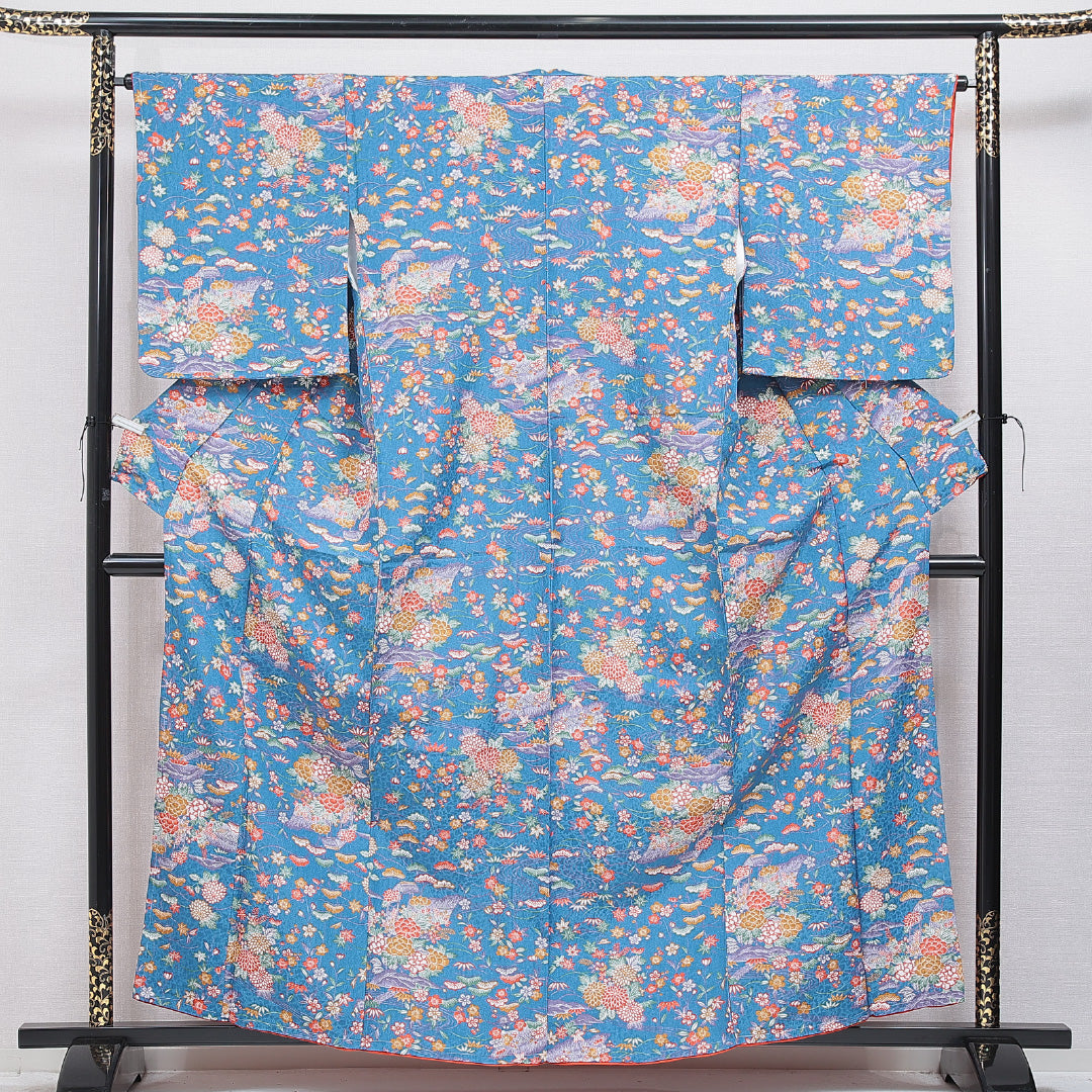 小紋 洗える着物 袷 身丈161cm 裄丈64cm ポリエステル Sランク Lサイズ 広衿 インフォーマル 古典柄 青系 1215-16208