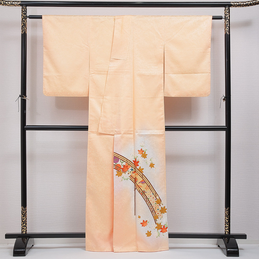 付下げ 洗える着物 袷 身丈162cm 裄丈64cm ポリエステル Cランク Lサイズ 広衿 インフォーマル 古典柄 橋 朱系 クリーム系 1261-16387