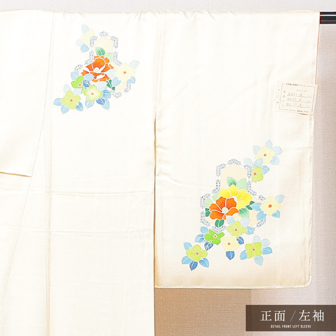 訪問着 袷 身丈156cm 裄丈64cm 正絹 Cランク セミフォーマル 広衿 Mサイズ 牡丹 黄系 HP 1217-15051