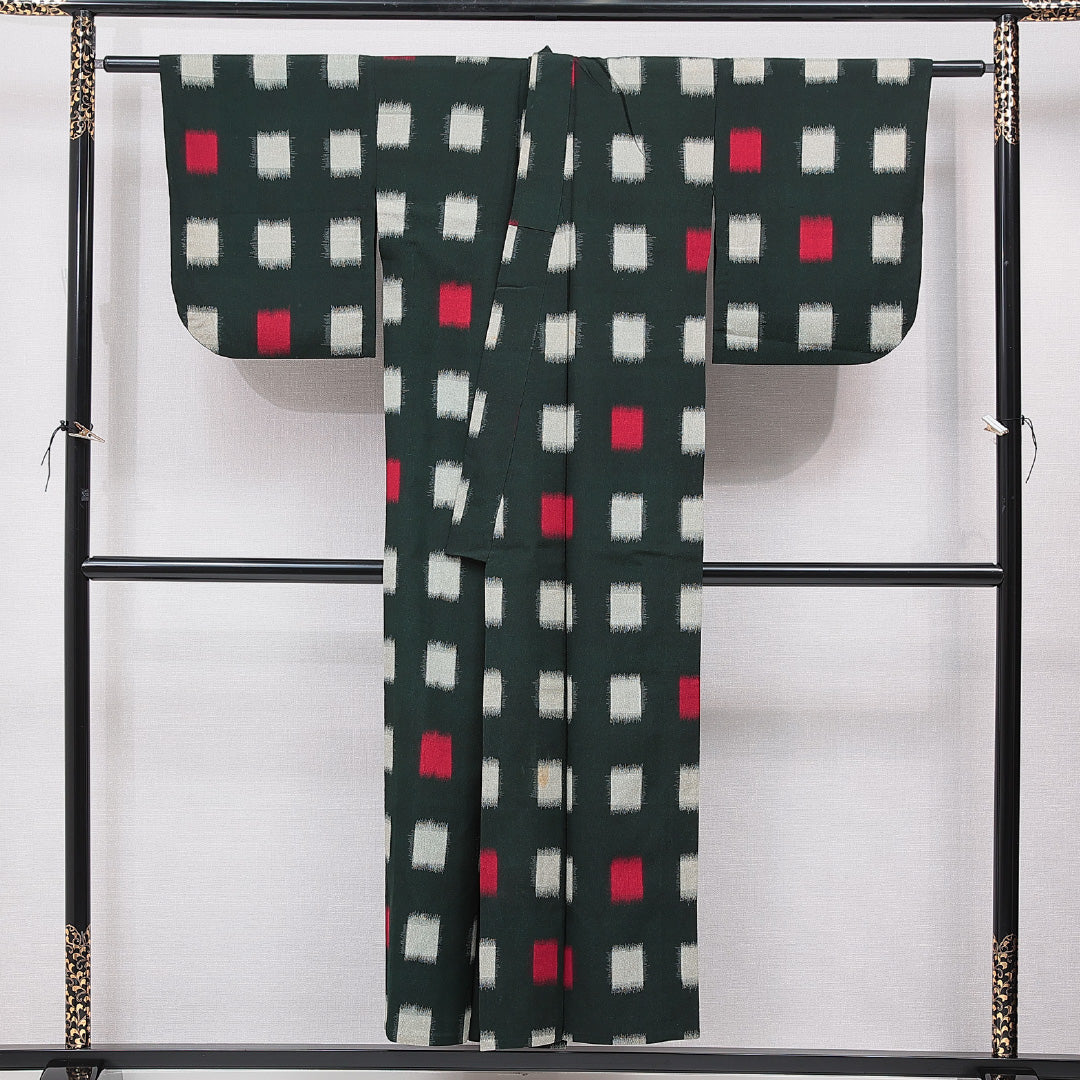 アンティーク お召 単衣 身丈149cm 裄丈61cm 正絹 Cランク XSサイズ バチ衿 肩当て 抽象柄 緑系 1265-15562