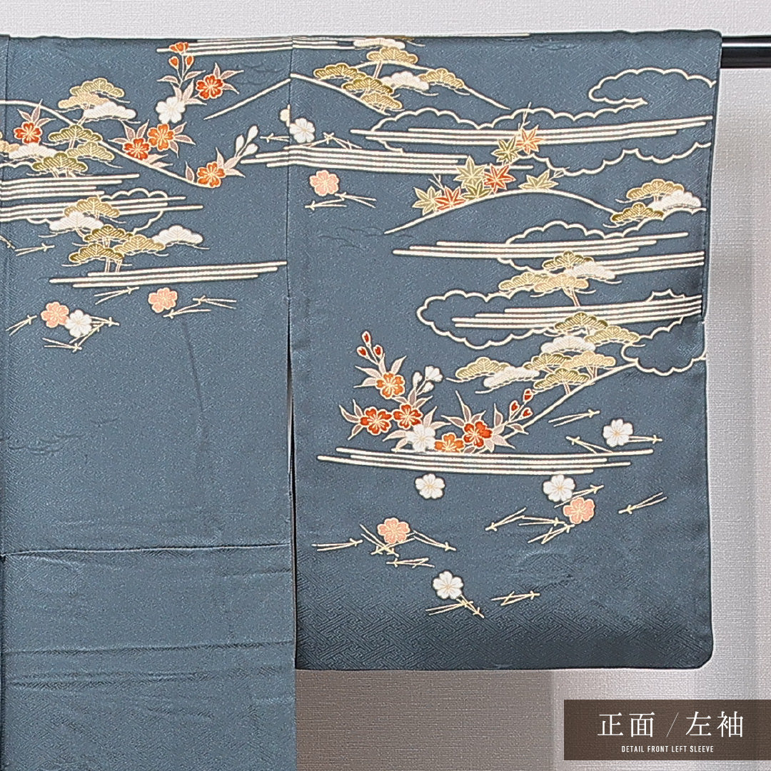 訪問着 袷 身丈157cm 裄丈62cm 正絹 Sランク 紋意匠 (紗綾型) セミフォーマル 広衿 Mサイズ 金駒刺繍 雲取り 桜 松 紺系 RP 1217-15746