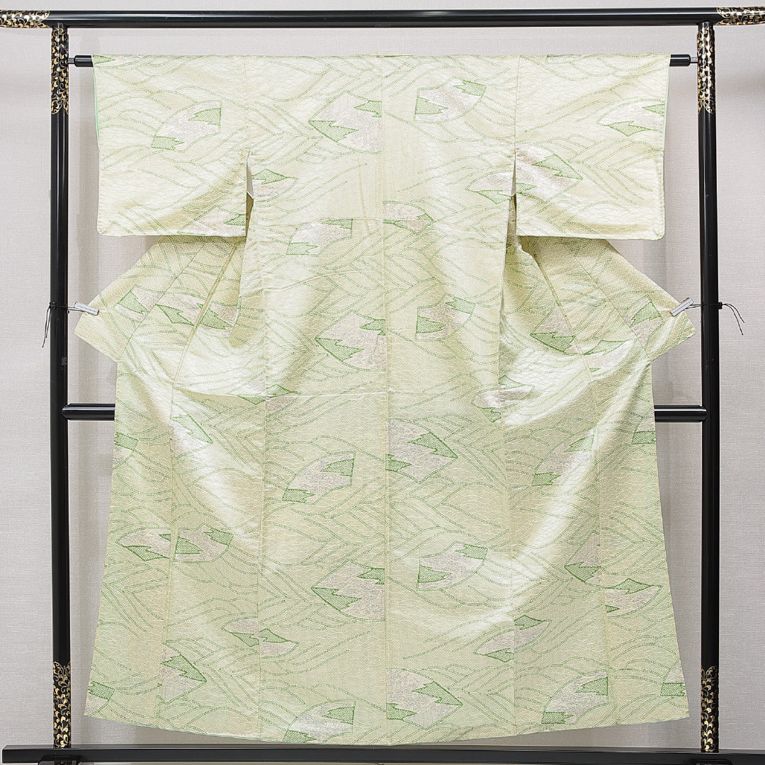 小紋 洗える着物 袷 身丈153cm 裄丈61cm ポリエステル Bランク Sサイズ 広衿 インフォーマル 古典柄 緑系 1215-15805