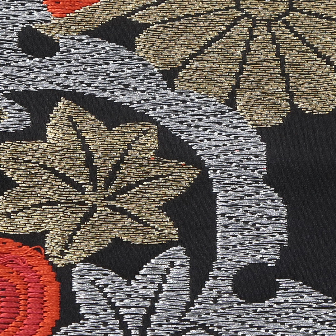 袋帯 帯丈414cm フォーマル 六通 未仕立て 帯芯なし Aランク 正絹 毘沙門亀甲 菊 黒系 1223-02229