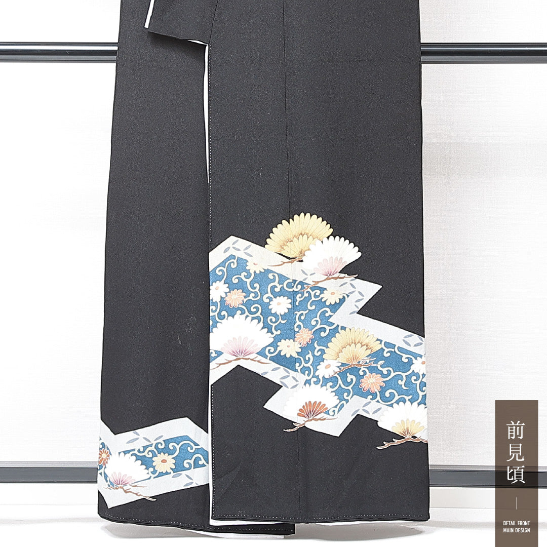 黒留袖 袷 身丈157cm 裄丈64cm 五つ紋 松川菱 フォーマル Cランク Mサイズ 正絹 比翼仕立て 広衿 菊 1211-F0708