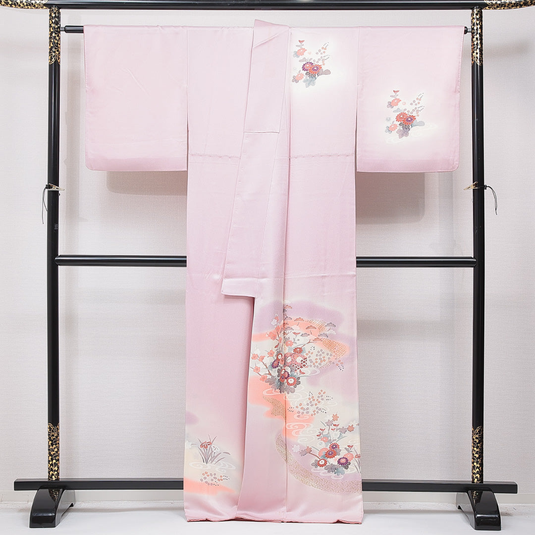 訪問着 袷 身丈167cm 裄丈66cm 正絹 Cランク セミフォーマル 広衿 XLサイズ 菊 吉祥文様 ピンク系 HP 1217-15741