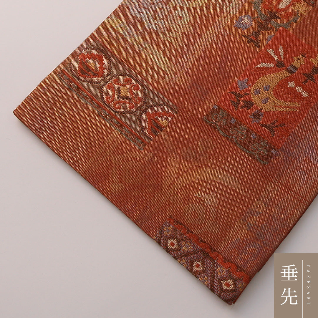 袋帯 帯丈428cm セミフォーマル 六通 Aランク 正絹 創作柄 朱系 1223-01907