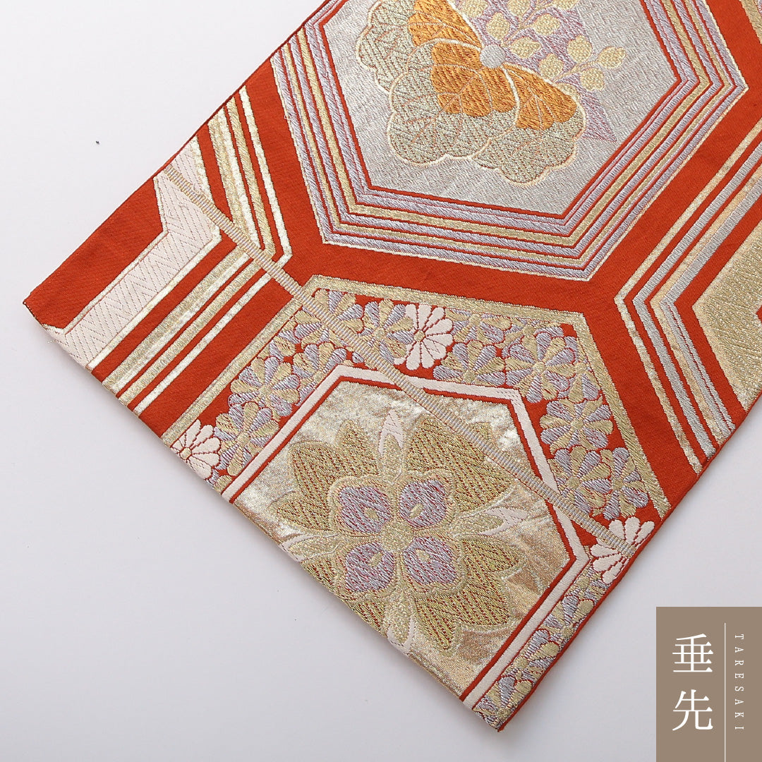 アンティーク 袋帯 帯丈412cm 六通 Aランク 正絹 家紋柄 亀甲 朱系 1223-02075