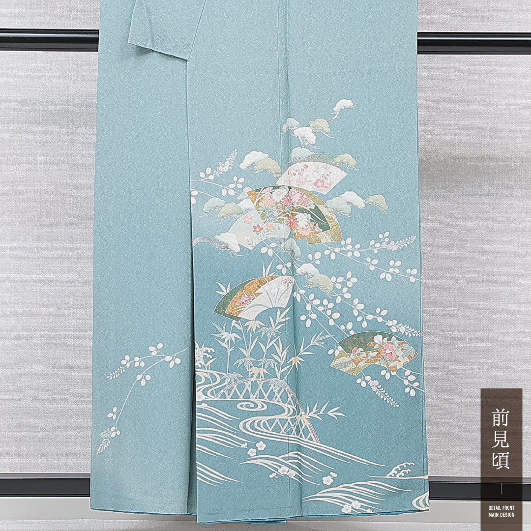 訪問着 袷 身丈155cm 裄丈66cm 正絹 Bランク Mサイズ 広衿 セミフォーマル 扇 流水 菊 水色系 1212-15654