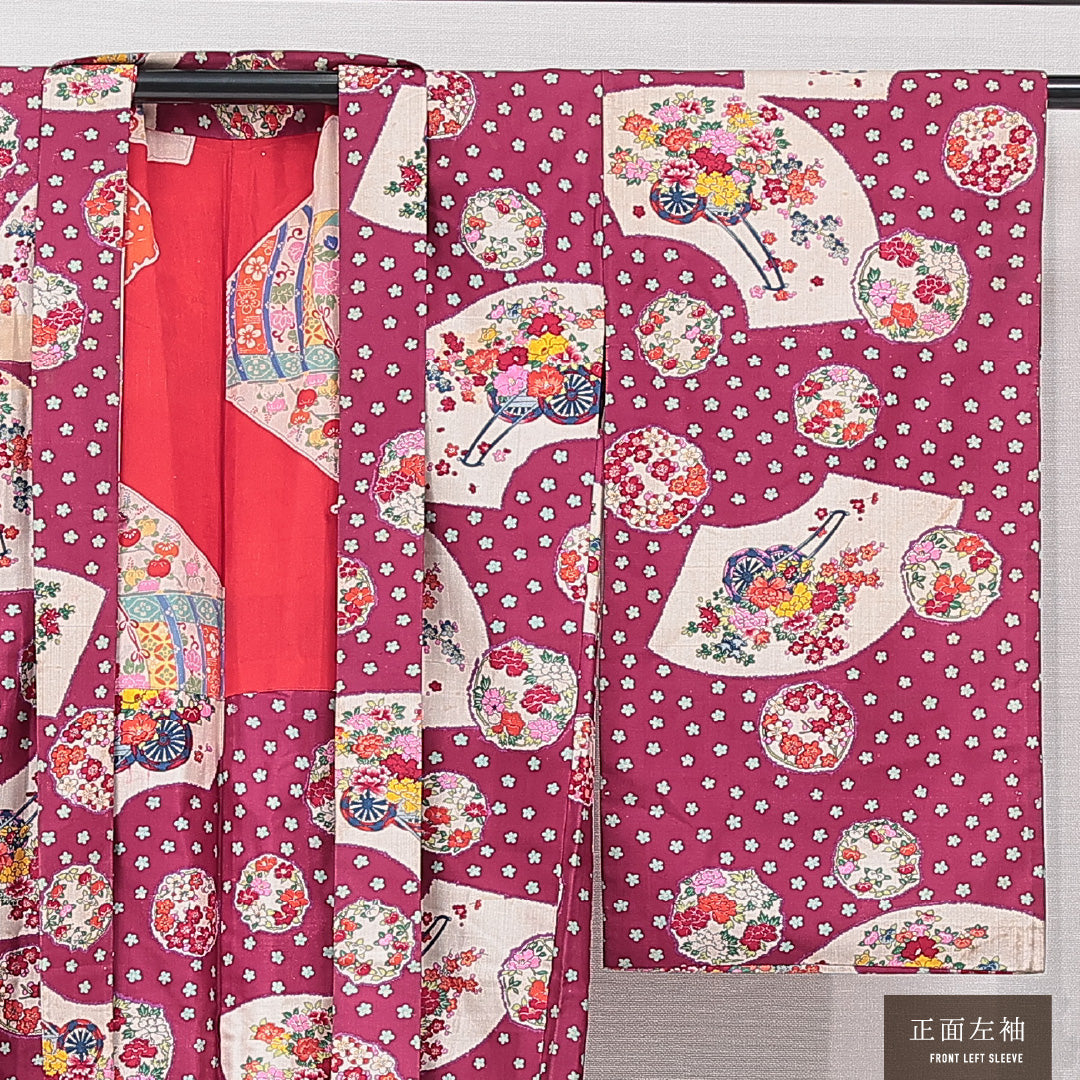 アンティーク 羽織(紬) 袷 身丈93cm 裄丈63cm 正絹 Cランク Sサイズ 後染め 扇 牡丹 紫系 1217-15324