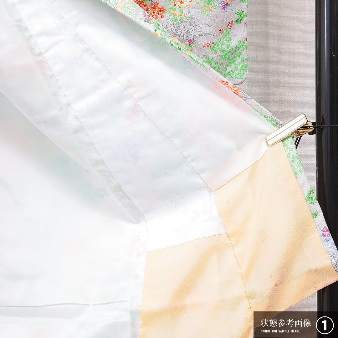 小紋 洗える着物 袷 身丈161cm 裄丈63cm ポリエステル Sランク Lサイズ 広衿 インフォーマル 菊 グレー系 1215-15101