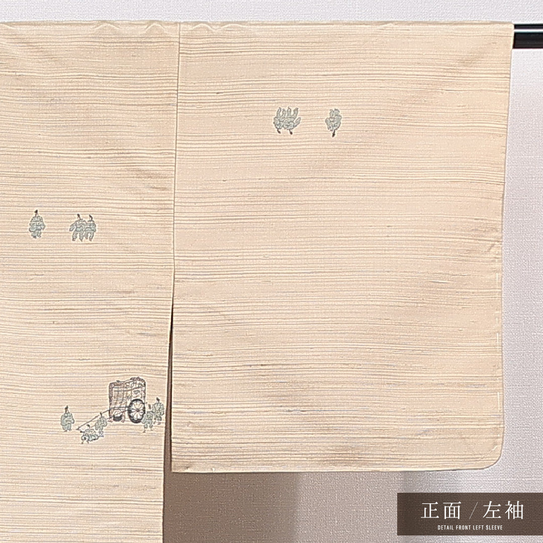 紬 単衣 身丈161cm 裄丈64cm 正絹 Aランク カジュアル 広衿 Lサイズ 肩当て 御所車 人物 ベージュ系 RP 1223-15534