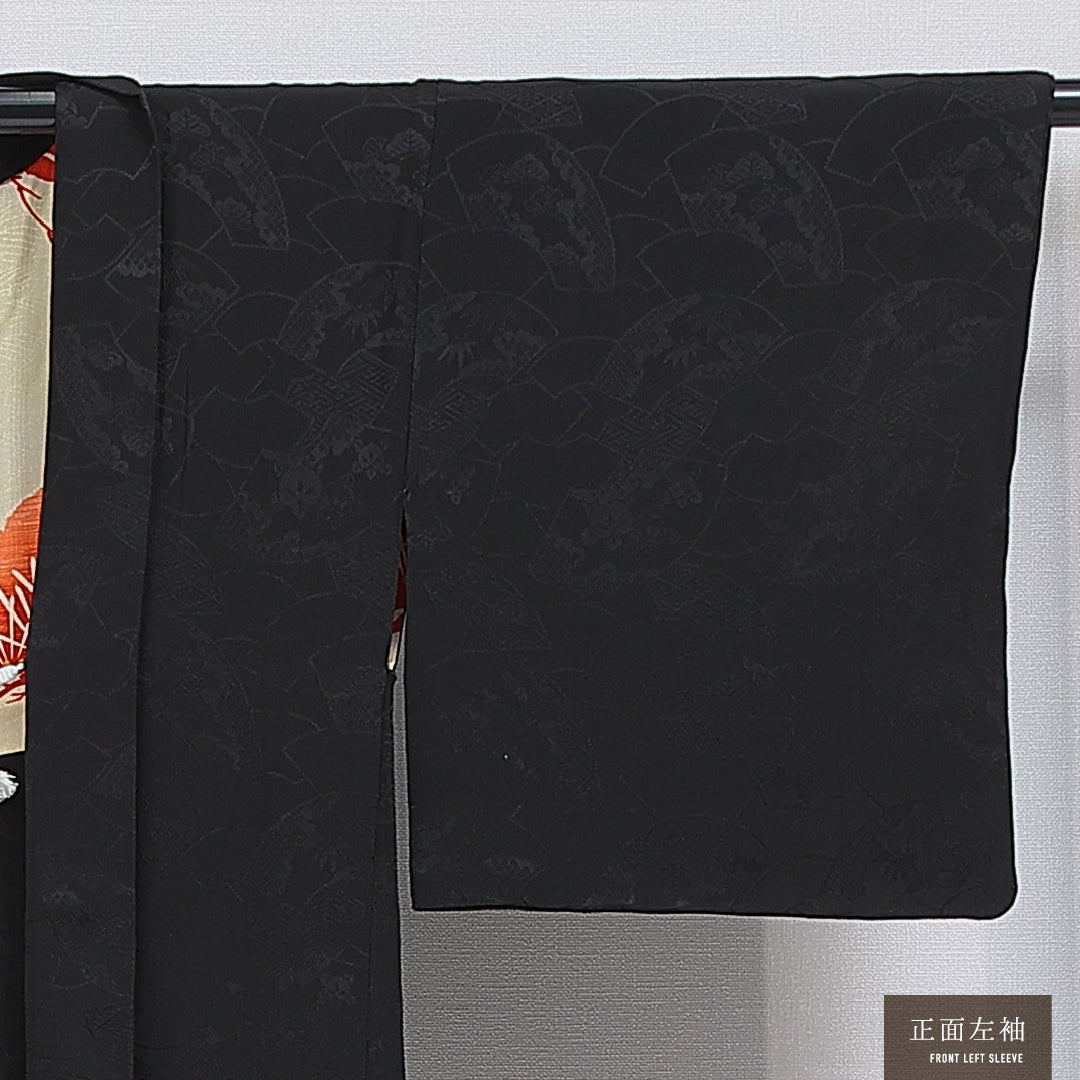 黒羽織 袷 身丈75cm 裄丈62cm 正絹 Aランク 一つ紋 (五三桐) 紋意匠 (吉祥文様) セミフォーマル Sサイズ 織り出し 紐あり 黒系 RP 1233-16121