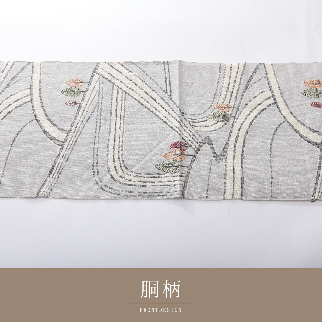 八寸名古屋帯(紬) 帯丈351cm カジュアル 松葉仕立て 六通 Cランク 正絹 創作柄 グレー系 1224-03901