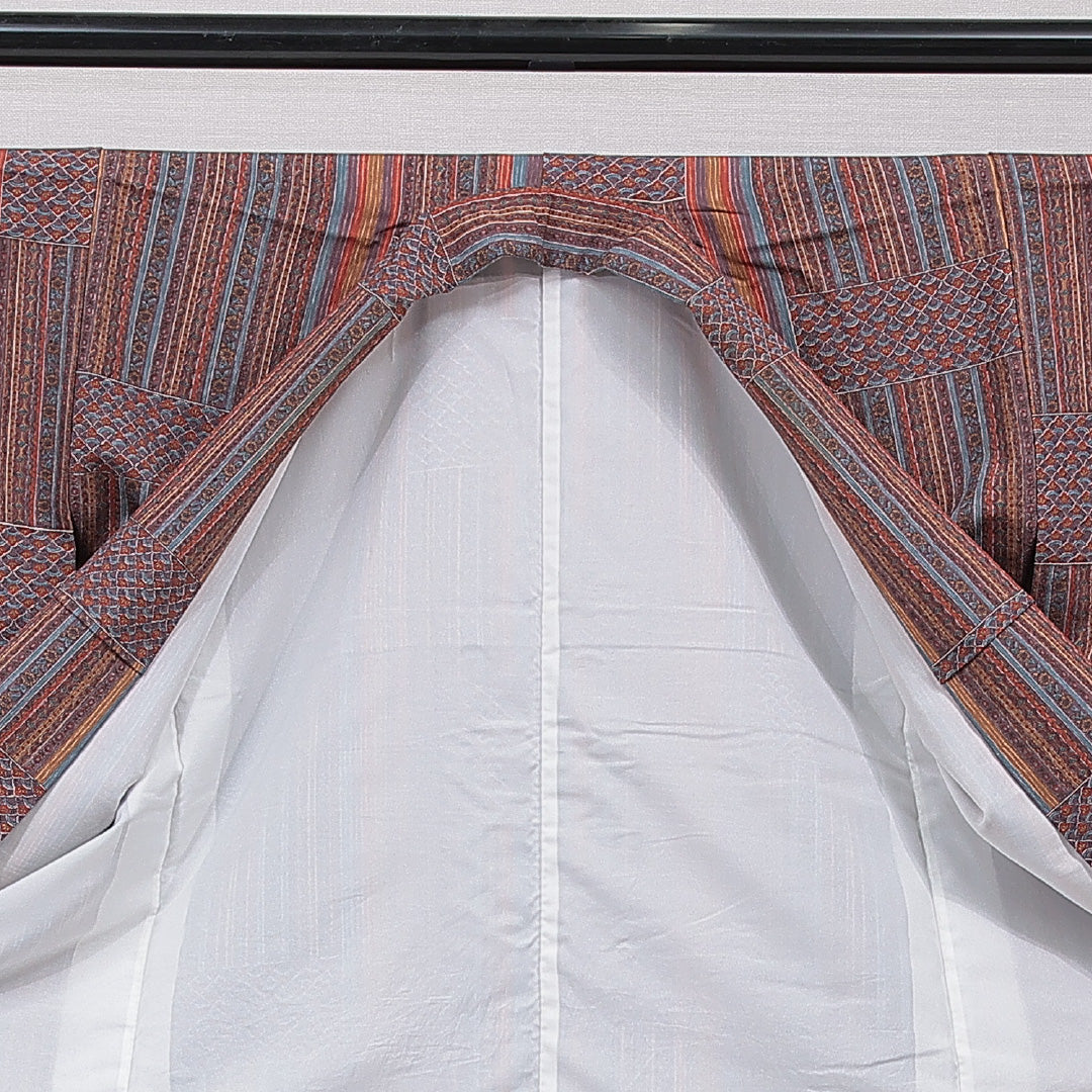 小紋 袷 身丈163cm 裄丈63cm 正絹 Sランク Lサイズ 広衿 インフォーマル 創作柄 多色系 1215-15487