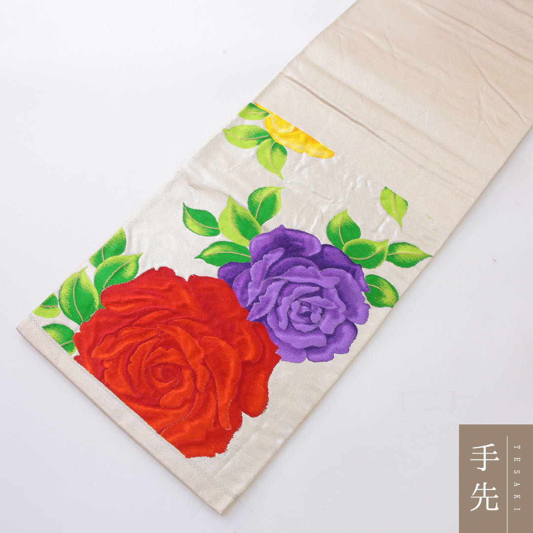 袋帯 帯丈418cm 正絹 六通 セミフォーマル 薔薇 クリーム系 1243-02188