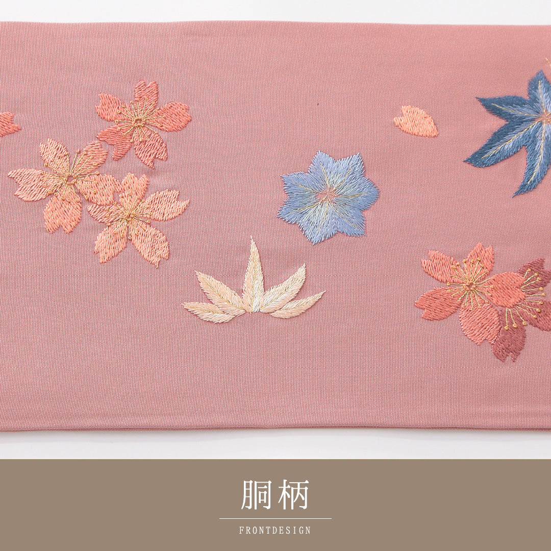九寸名古屋帯 Aランク 帯丈369cm 正絹 ポイント柄 名古屋仕立て 織り セミフォーマル 綴れ織 花柄 くすんだピンク系 RP 1245-04160