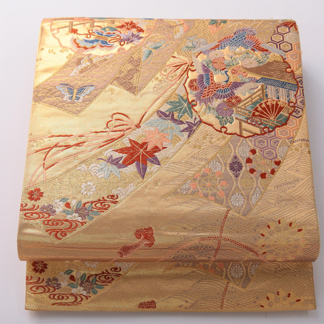 袋帯 帯丈430cm 正絹 六通 フォーマル 熨斗 雪輪 吉祥文様 金系 1243-02054