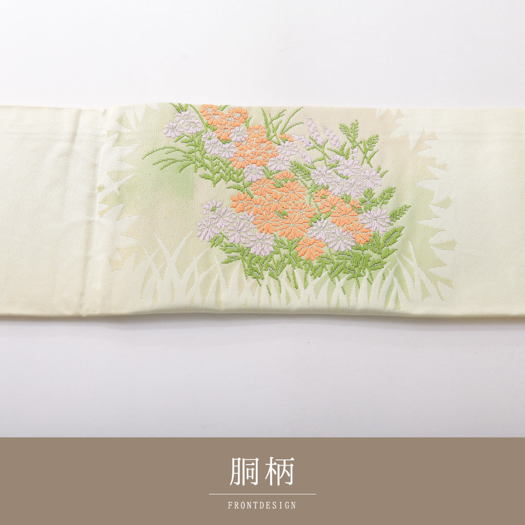 九寸名古屋帯 帯丈344cm カジュアル 名古屋仕立て ポイント柄 Cランク 正絹 菊 緑系 1224-03766