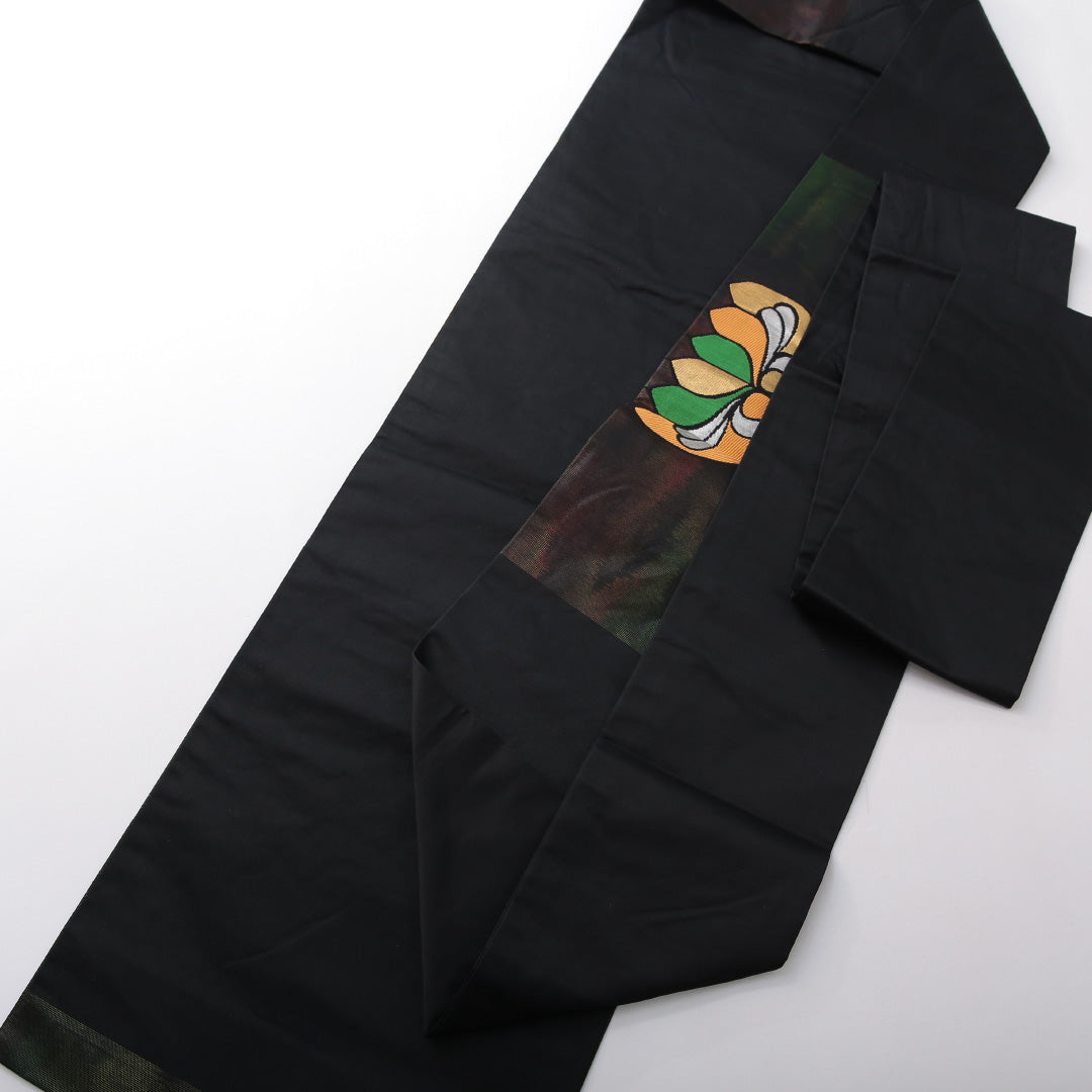 九寸名古屋帯 Aランク 帯丈361cm 正絹 ポイント柄 名古屋仕立て 織り カジュアル 創作柄 黒系 LP 1245-03731