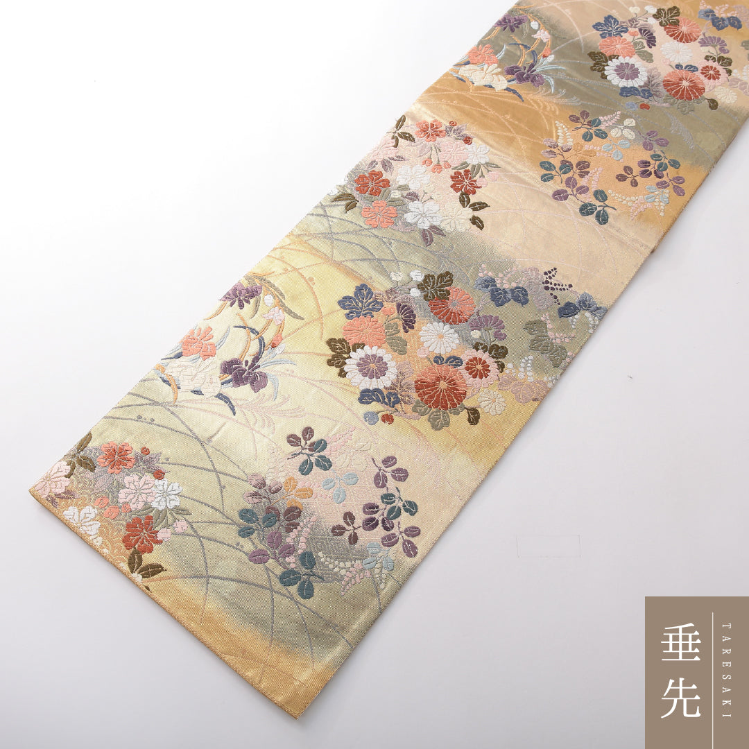 袋帯 帯丈442cm 正絹 六通 フォーマル 風景柄 四季草花 吉祥文様 多色系 1243-02117