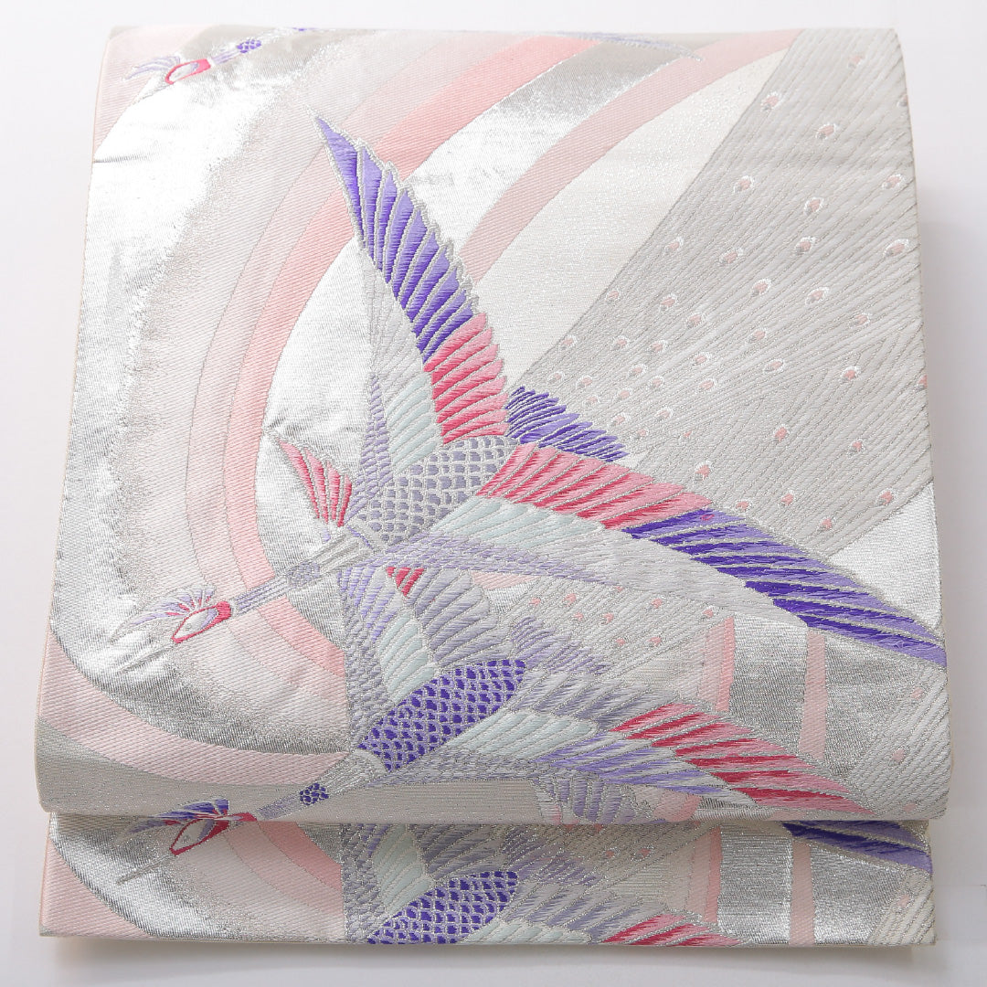 振袖用 袋帯 帯丈436cm 六通 Aランク 正絹 千鳥 クリーム系 銀系 1223-02077