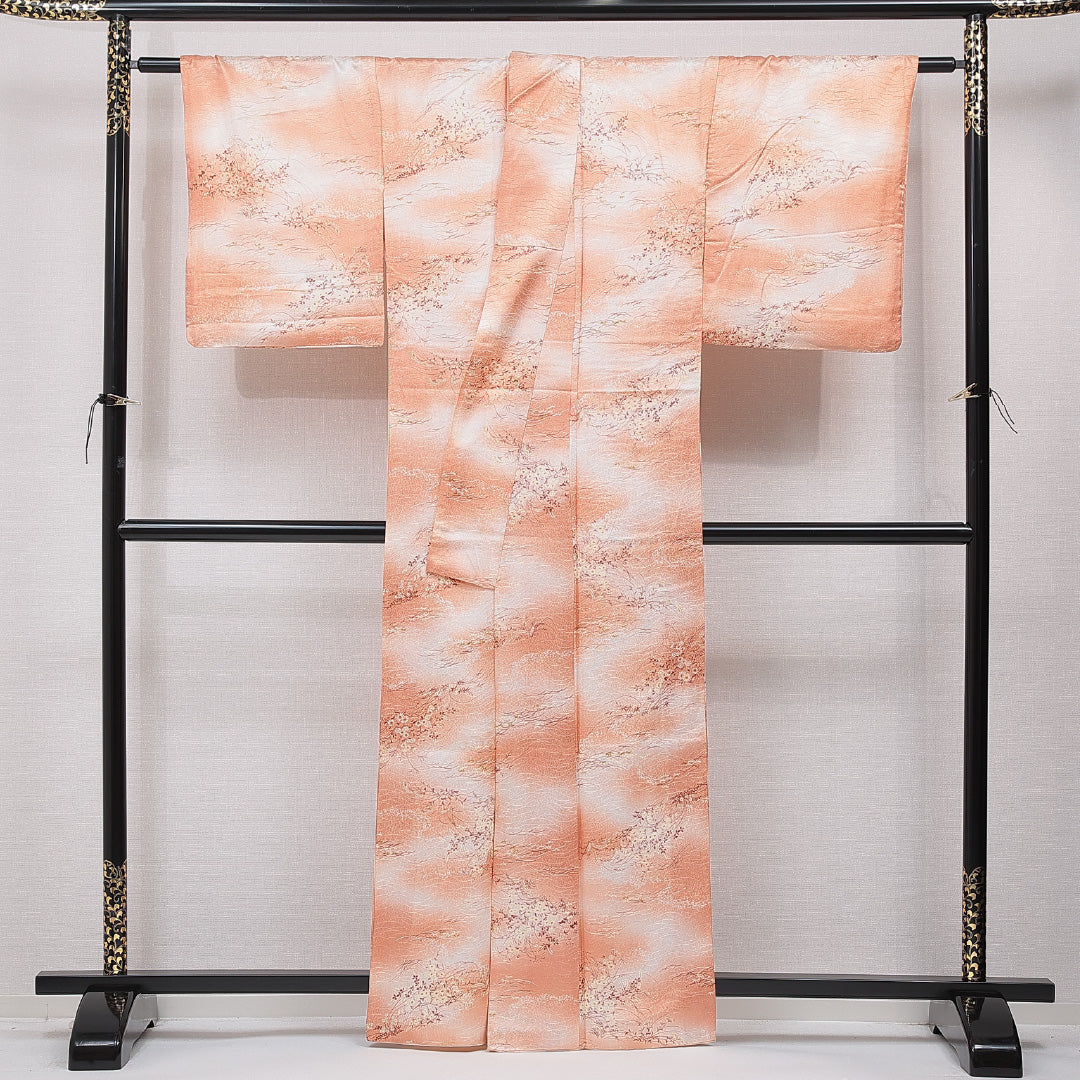 小紋 洗える着物 袷 身丈161cm 裄丈62cm ポリエステル Sランク Lサイズ 広衿 インフォーマル 菊 朱系 1215-15812