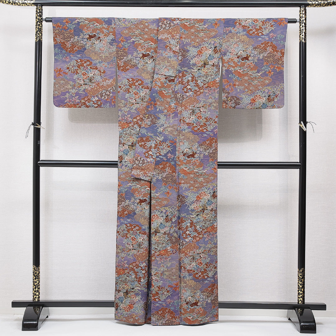 小紋 袷 身丈161cm 裄丈64cm 正絹 Sランク インフォーマル 広衿 Lサイズ 吉祥文様 紫系 RP 1221-15551