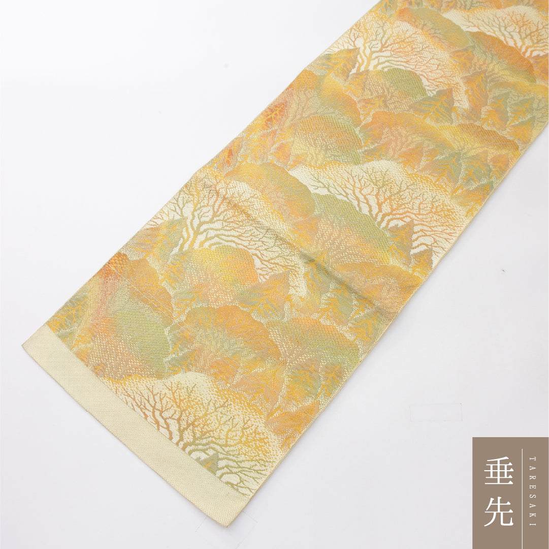 八寸名古屋帯 Aランク 帯丈359cm 正絹 六通 松葉仕立て 織り インフォーマル 木立 黄系 RP 1245-04118