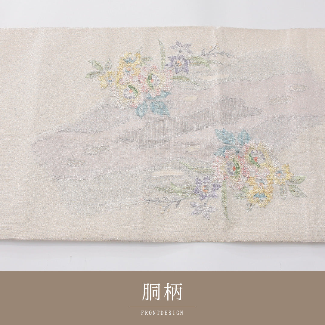 袋帯 帯丈446cm 正絹 ポイント柄 セミフォーマル 鷺 流水 白系 銀系 1243-02263