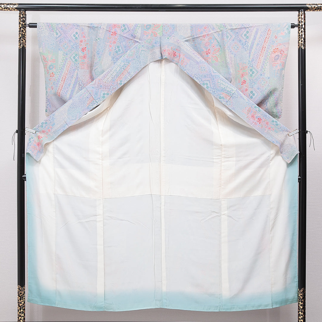 小紋 袷 身丈154cm 裄丈64cm 正絹 Sランク インフォーマル 広衿 Sサイズ 菊 グレー系 RP 1221-15526