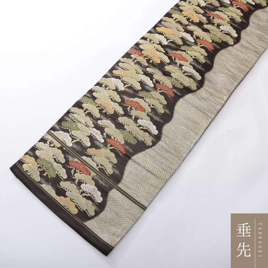 九寸名古屋帯 帯丈338cm インフォーマル 名古屋仕立て 六通 Sランク 正絹 波頭 笠松 茶系 黒系 1224-03915