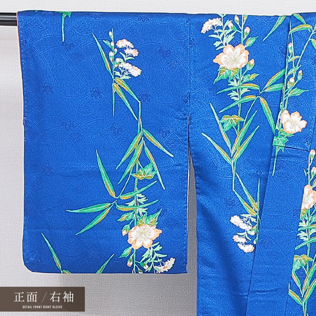 洗える着物 小紋 袷 身丈158cm 裄丈64cm ポリエステル Sランク インフォーマル バチ衿 Mサイズ 牡丹 青系 RP 1221-16434