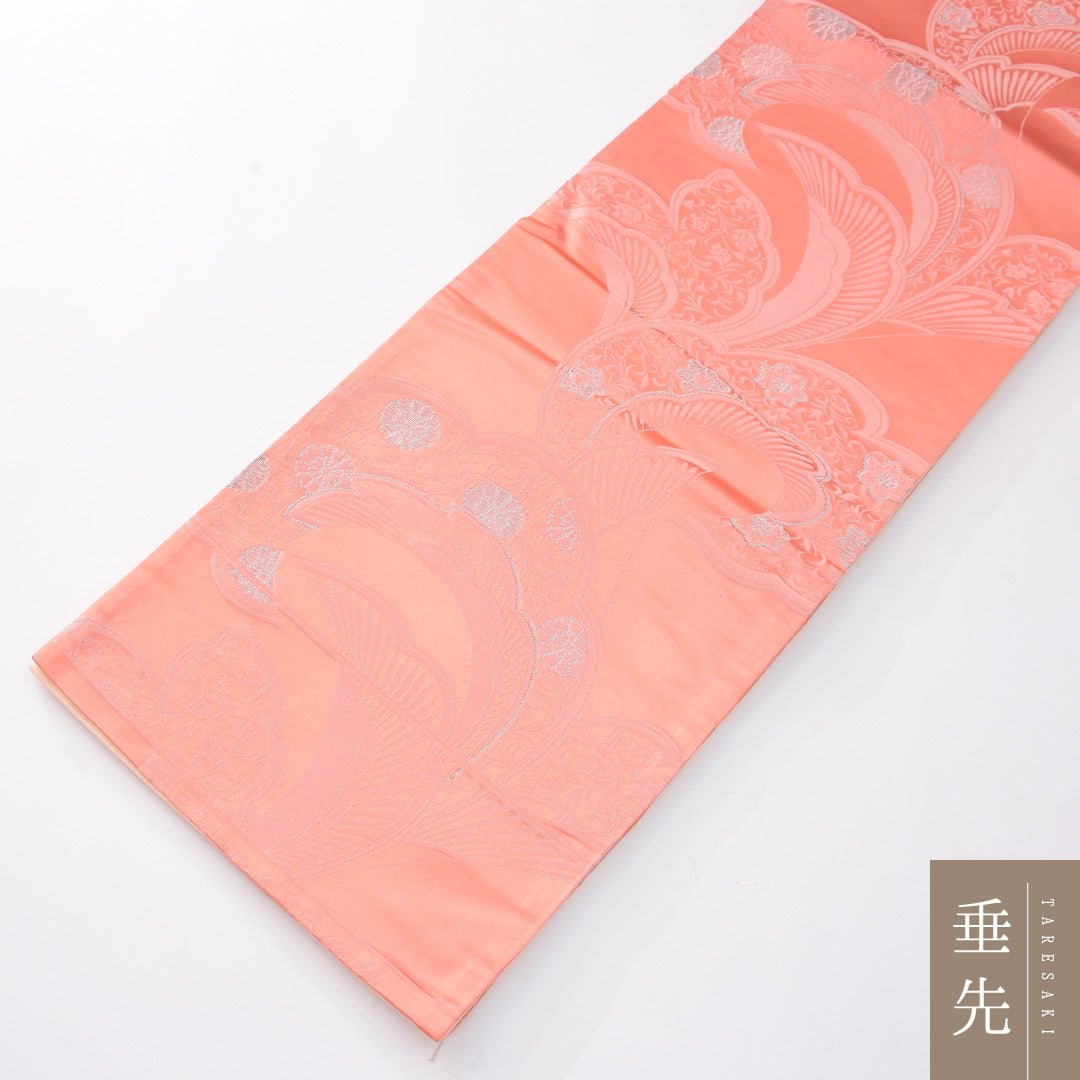 未使用品 袋帯 帯丈426cm 正絹 全通 帯芯なし 三松 セミフォーマル 唐草華文 ピンク系 1243-02255